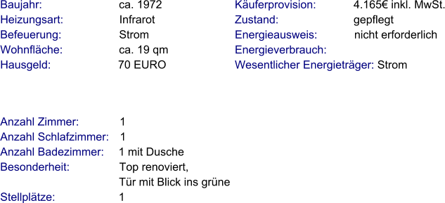 Anzahl Zimmer:             1 Anzahl Schlafzimmer:   1  Anzahl Badezimmer:     1 mit Dusche  Besonderheit:                Top renoviert,                                       Tür mit Blick ins grüne Stellplätze:                     1  Baujahr:                         ca. 1972  Heizungsart:                  Infrarot Befeuerung:                   Strom Wohnfläche:                  ca. 19 qm Hausgeld:                      70 EURO  Käuferprovision:            4.165€ inkl. MwSt. Zustand:                        gepflegt Energieausweis:            nicht erforderlich Energieverbrauch:          Wesentlicher Energieträger: Strom